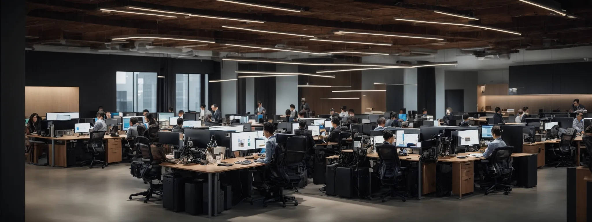 a modern open-office environment filled with diverse professionals collaborating around a high-tech digital workspace, reflecting a forward-thinking tech company atmosphere.