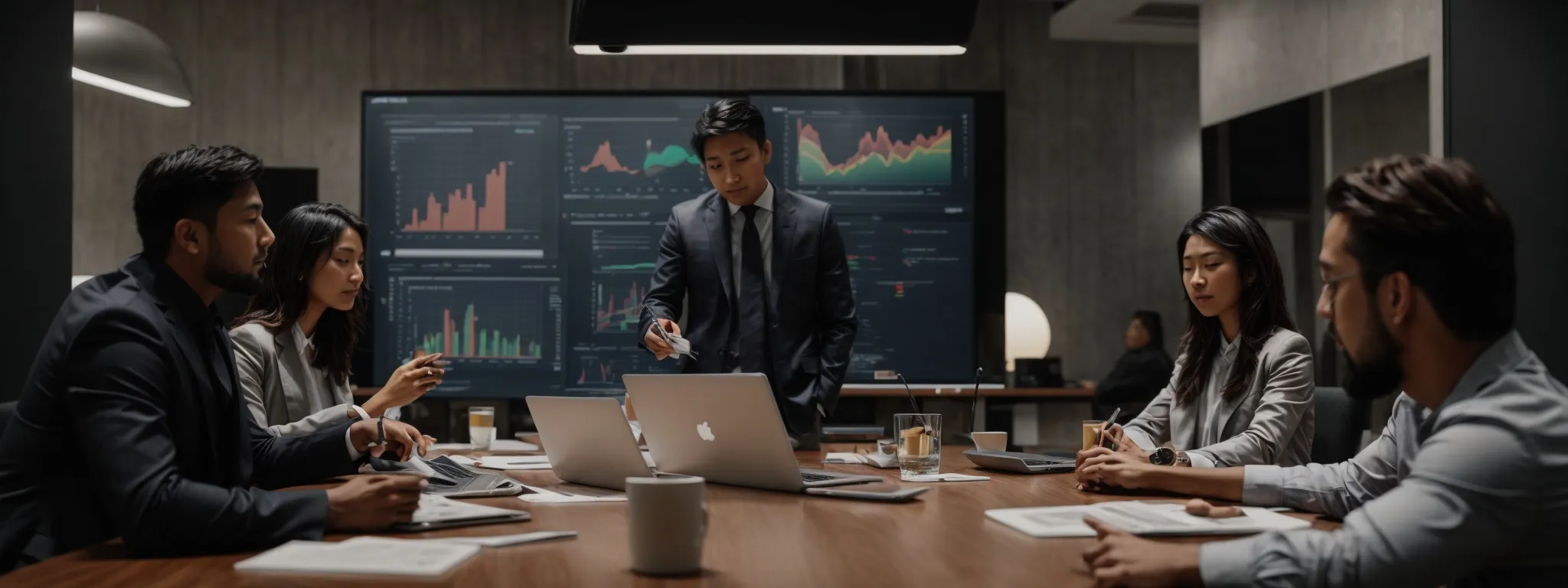 a digital marketing team discusses strategies around a conference table with a laptop displaying analytics graphs.