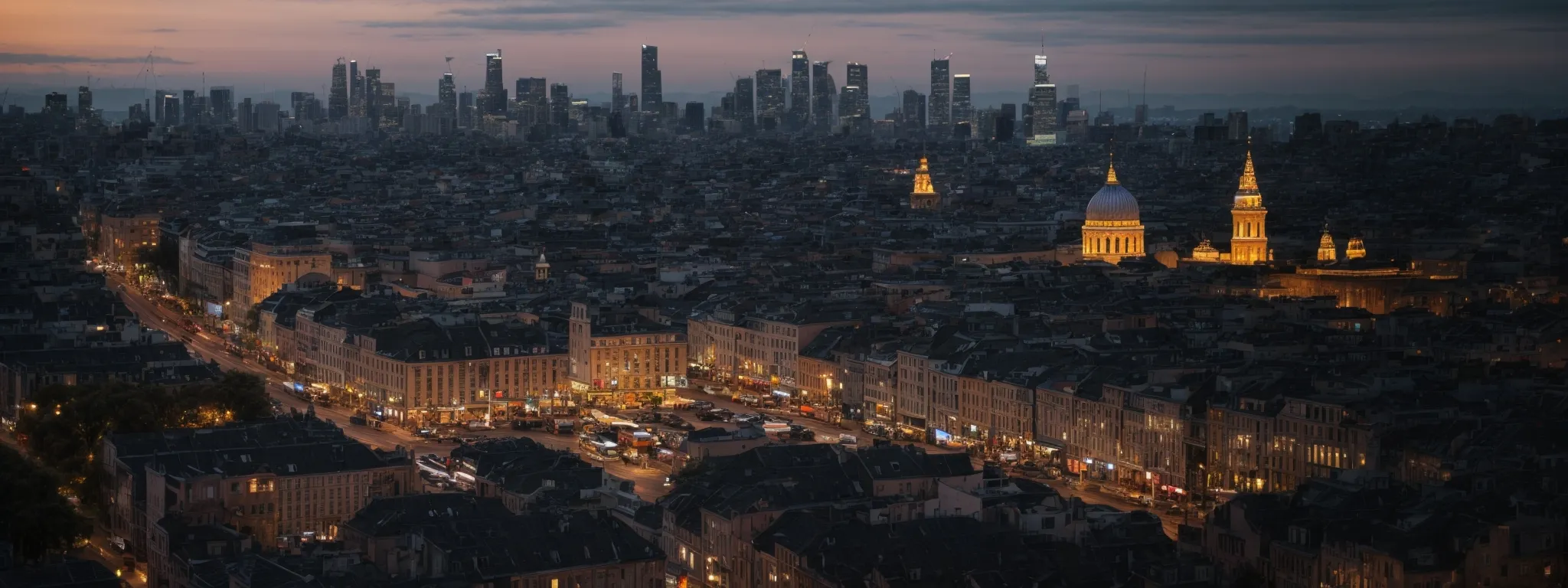 a bustling cityscape at dusk with iconic landmarks illuminated, symbolizing a popular tourist destination.