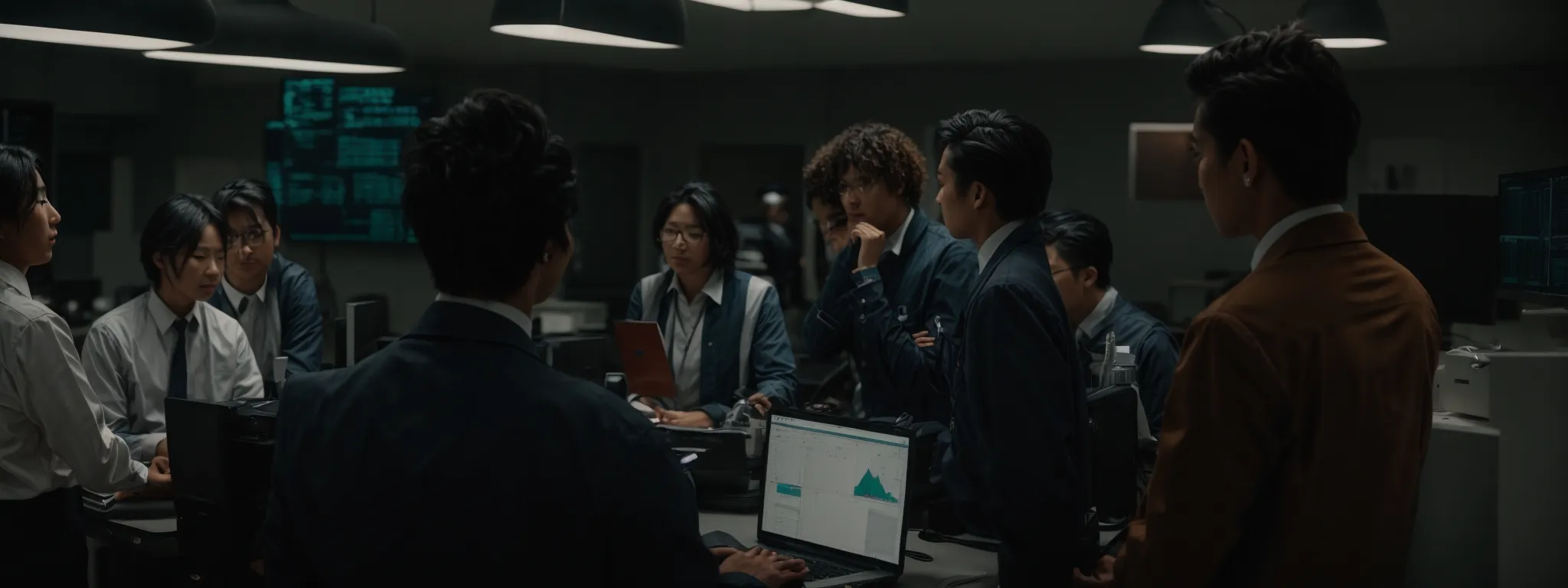 a team of professionals huddle around a computer, analyzing data and strategizing their next move.