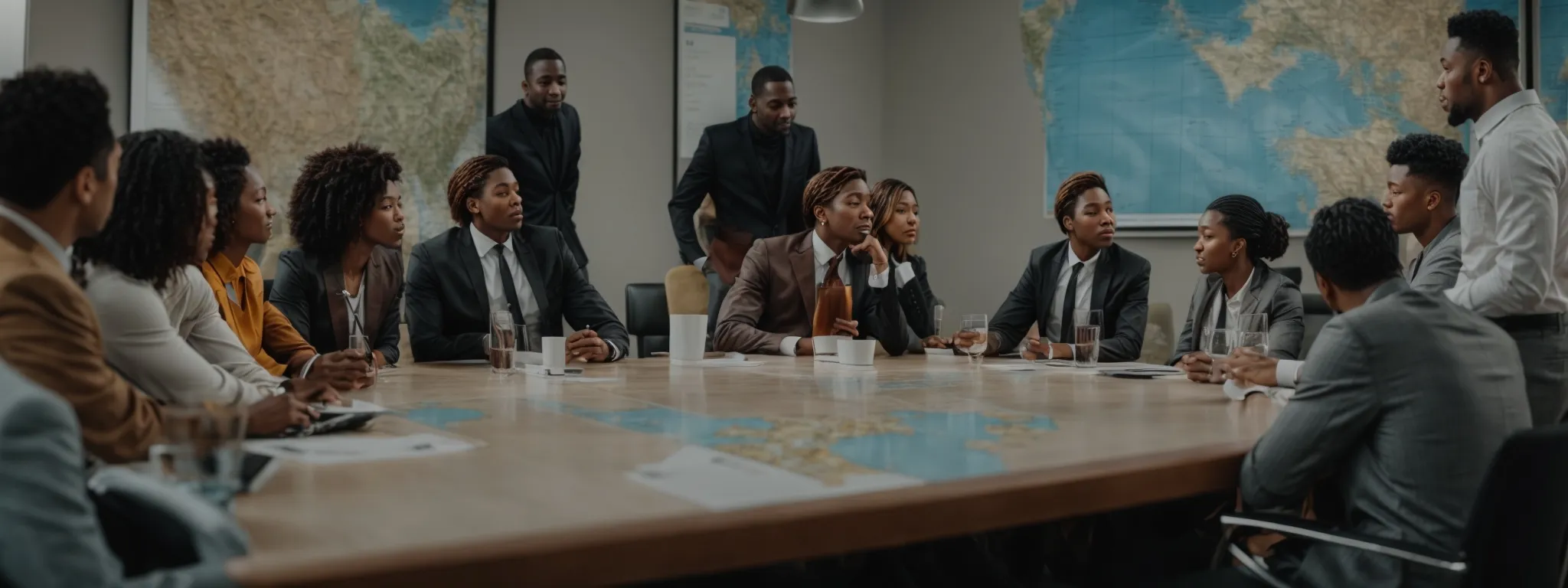a diverse group of people gathered around a conference table with a world map, intently discussing marketing strategies.