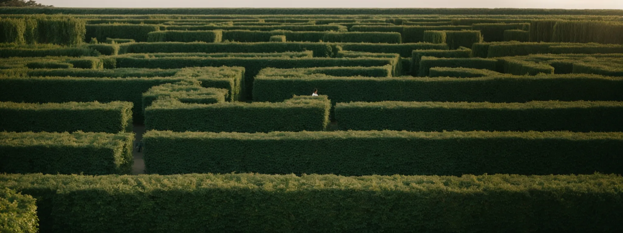 a person stands perplexed at the entrance of a large, intricate hedge maze under a clear sky.