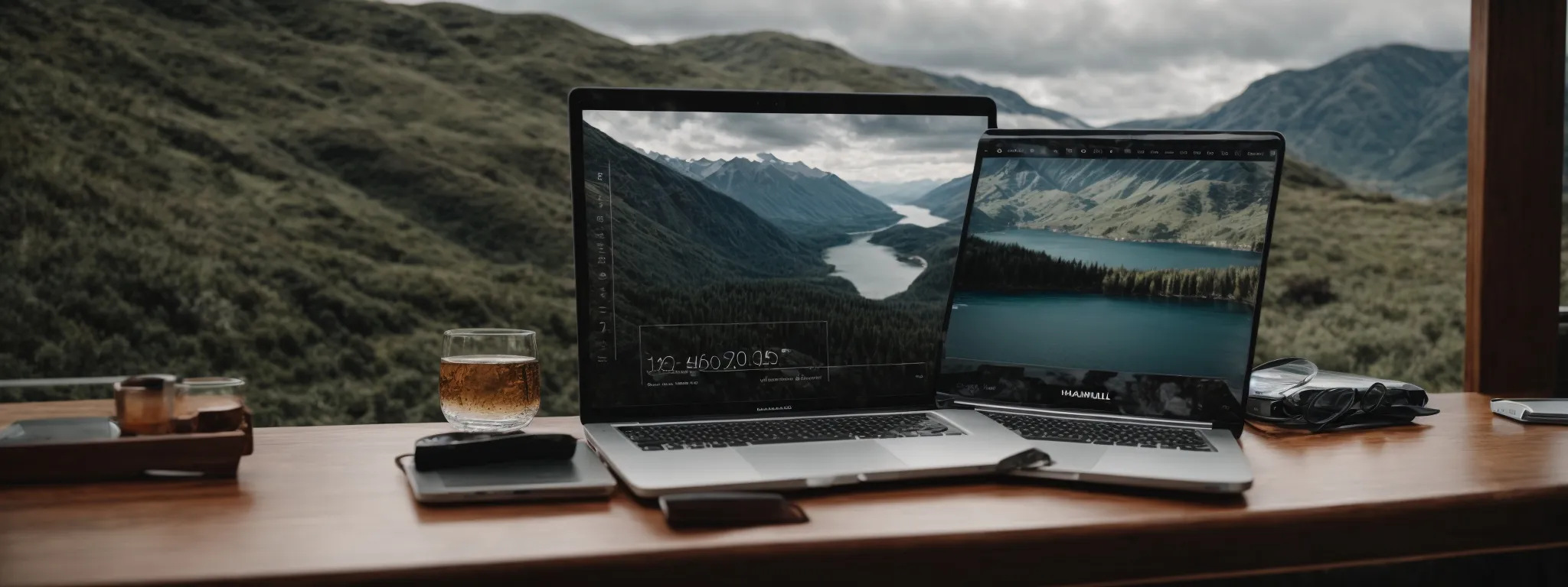 a laptop with graphs on the screen placed on a desk with a scenic backdrop suggesting a travel theme.