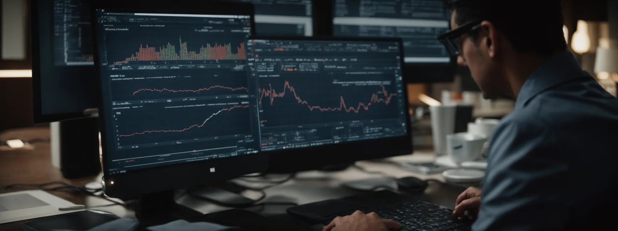 a marketing professional analyzes graphs on a computer screen, illustrating website traffic and user behavior metrics.