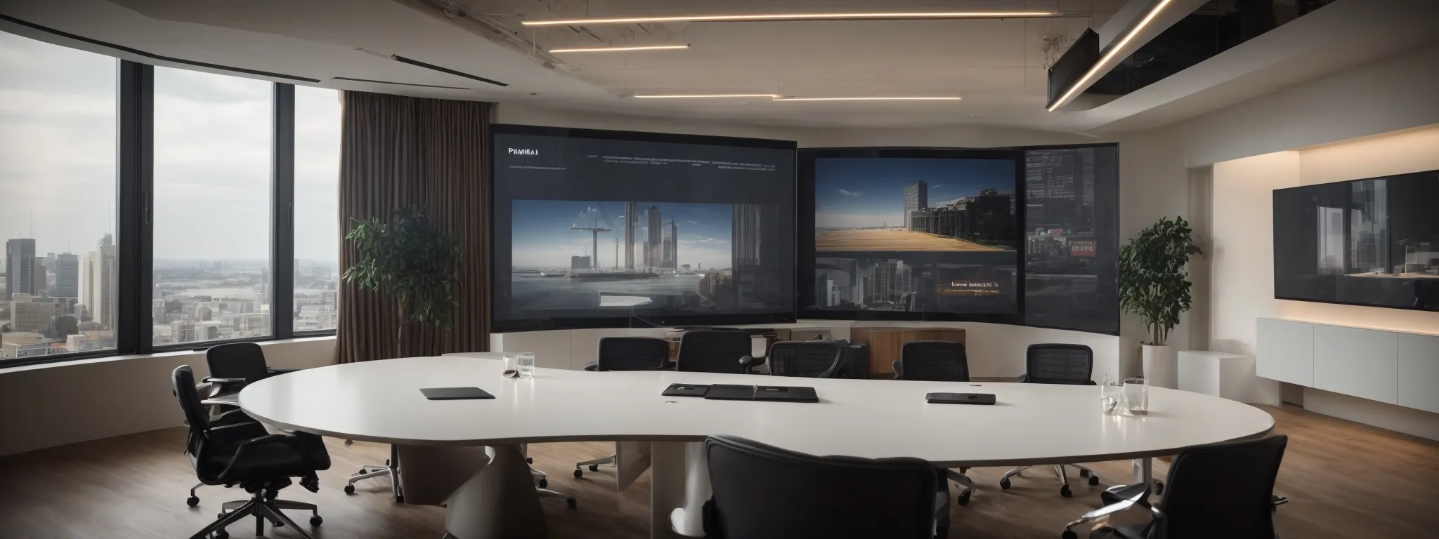 a professional meeting table with a digital marketing presentation being displayed on a large screen in a modern office setting.