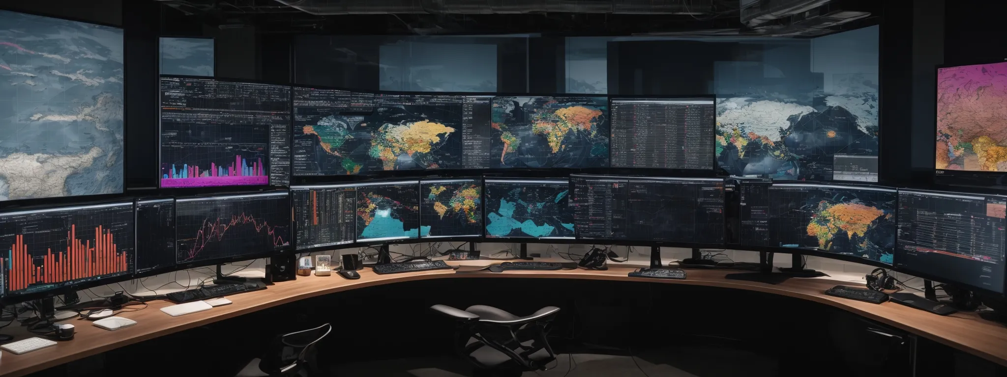 a panoramic view of a modern workspace with multiple computer screens displaying colorful graphs, a website editing interface, and a world map pinpointing business locations.