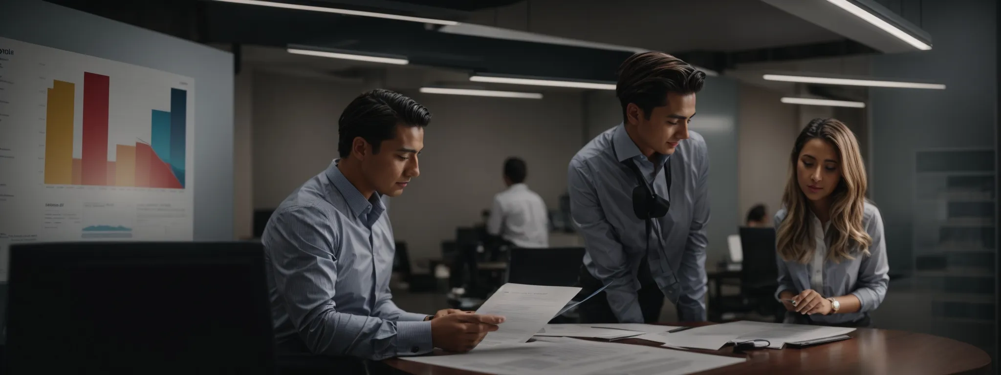 a business professional presents a graph of rising search engine rankings to a satisfied client in a modern office.