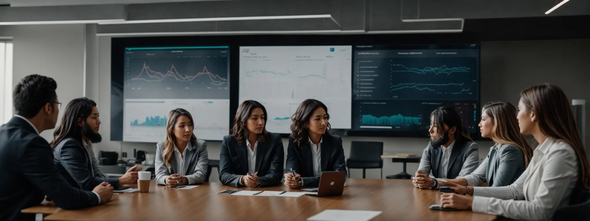 a modern marketing team discussing strategies around a conference table with a large screen displaying website traffic analytics.