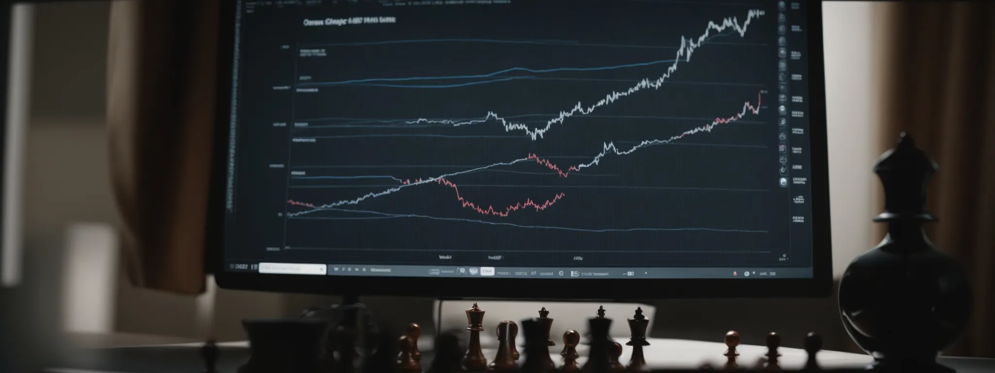 a computer screen displaying a graph of rising search rankings next to a chess piece on a board, symbolizing strategic seo planning.