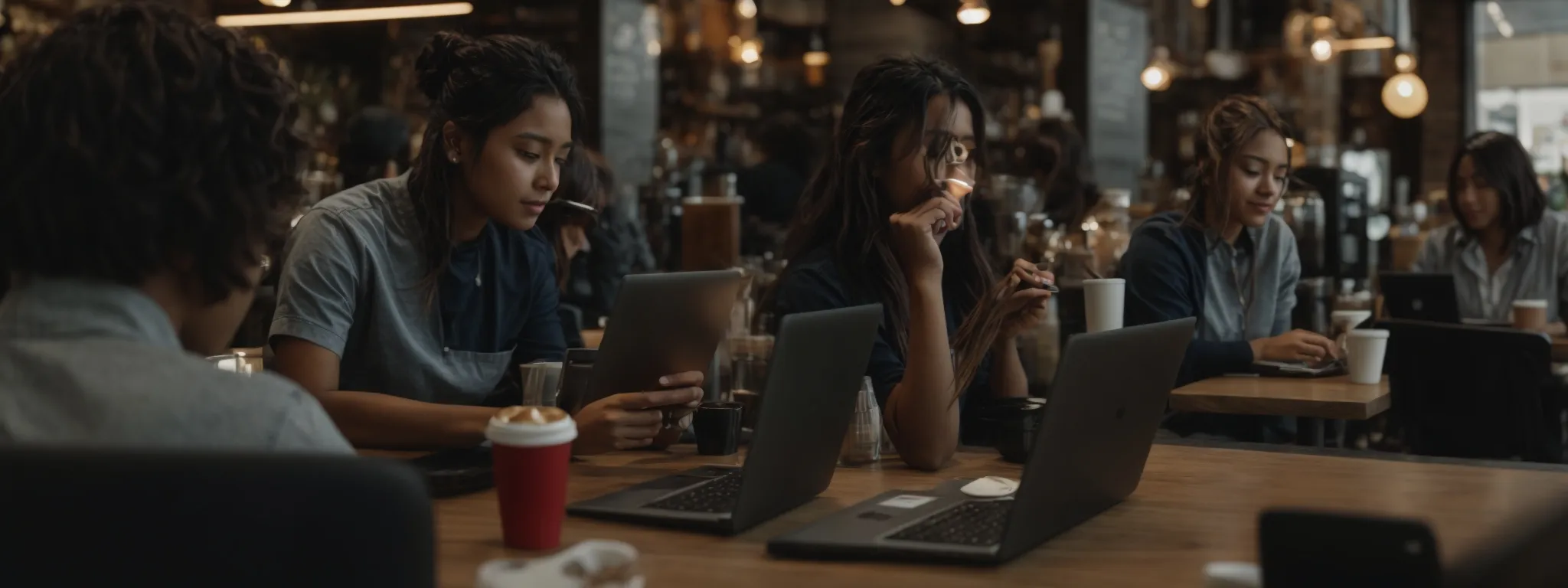 a bustling coffee shop scene where focused individuals work on laptops, implying entrepreneurial activity and digital tool usage.
