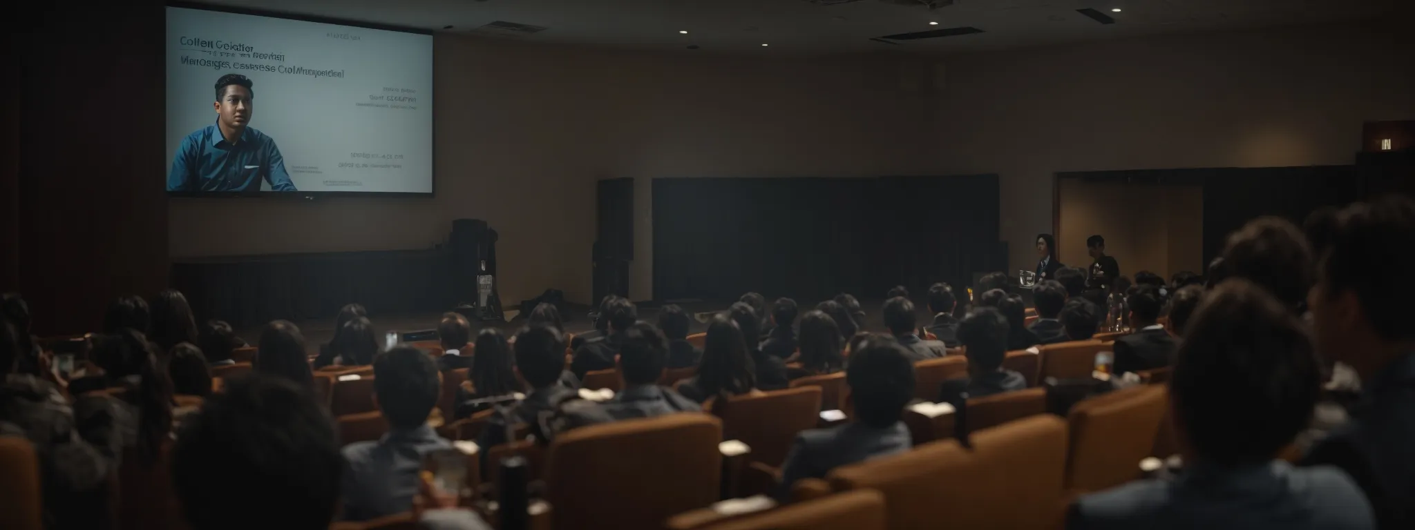 a recent college graduate confidently presents a digital marketing seminar, emphasizing seo strategies on the projector screen.