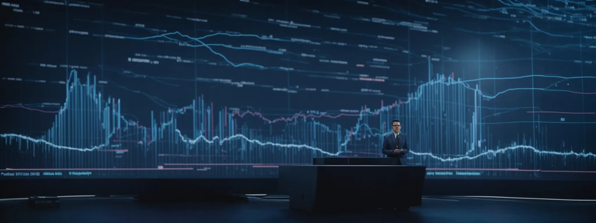 a speaker presents in front of a large screen displaying graphs and futuristic interfaces symbolizing ai advancements in advertising.