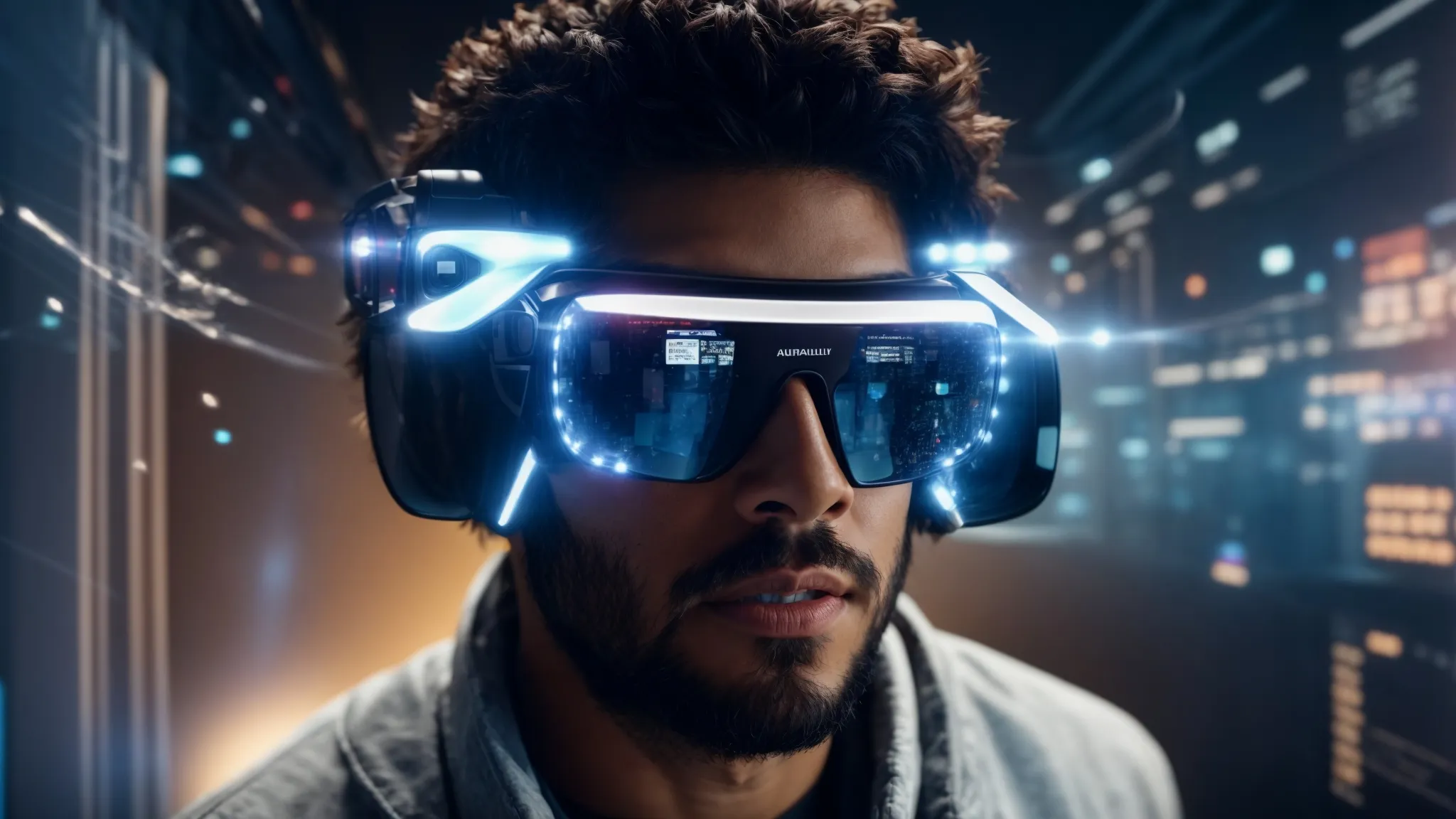 a person wearing augmented reality glasses interacts with a 3d virtual interface while browsing through a futuristic digital marketing space.