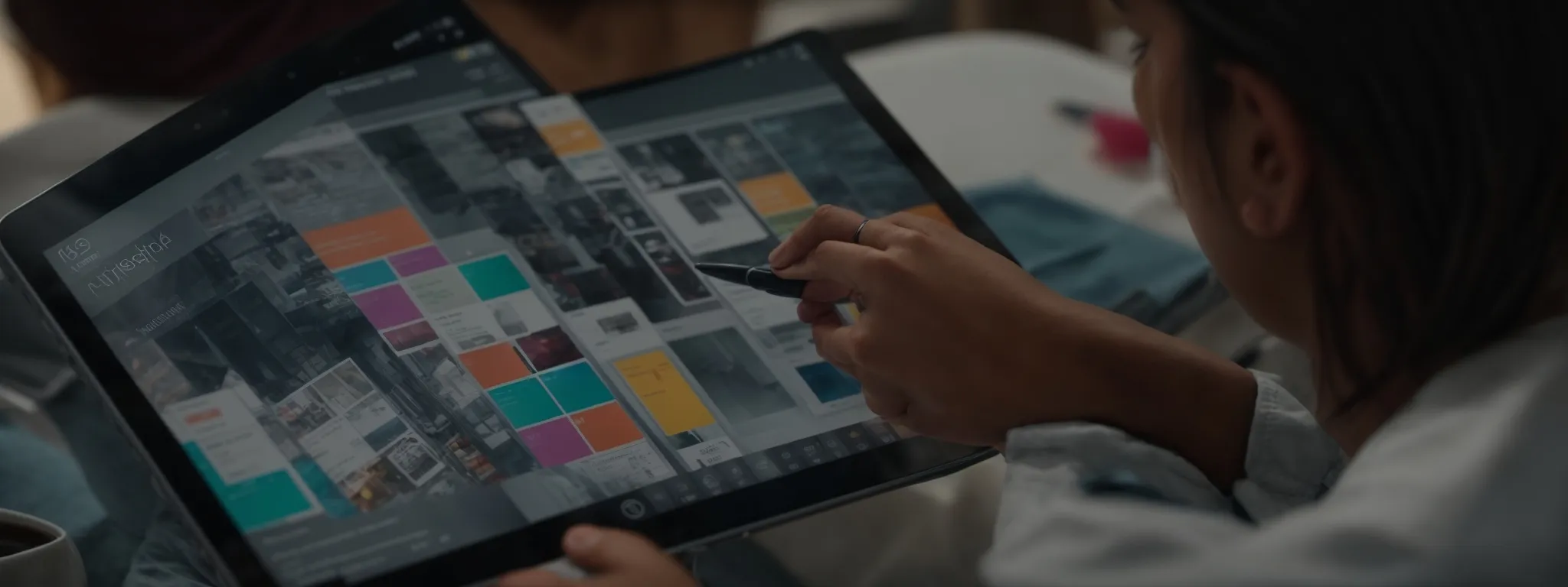 a person optimizes a colorful, interactive digital storyboard on a sleek, modern tablet.