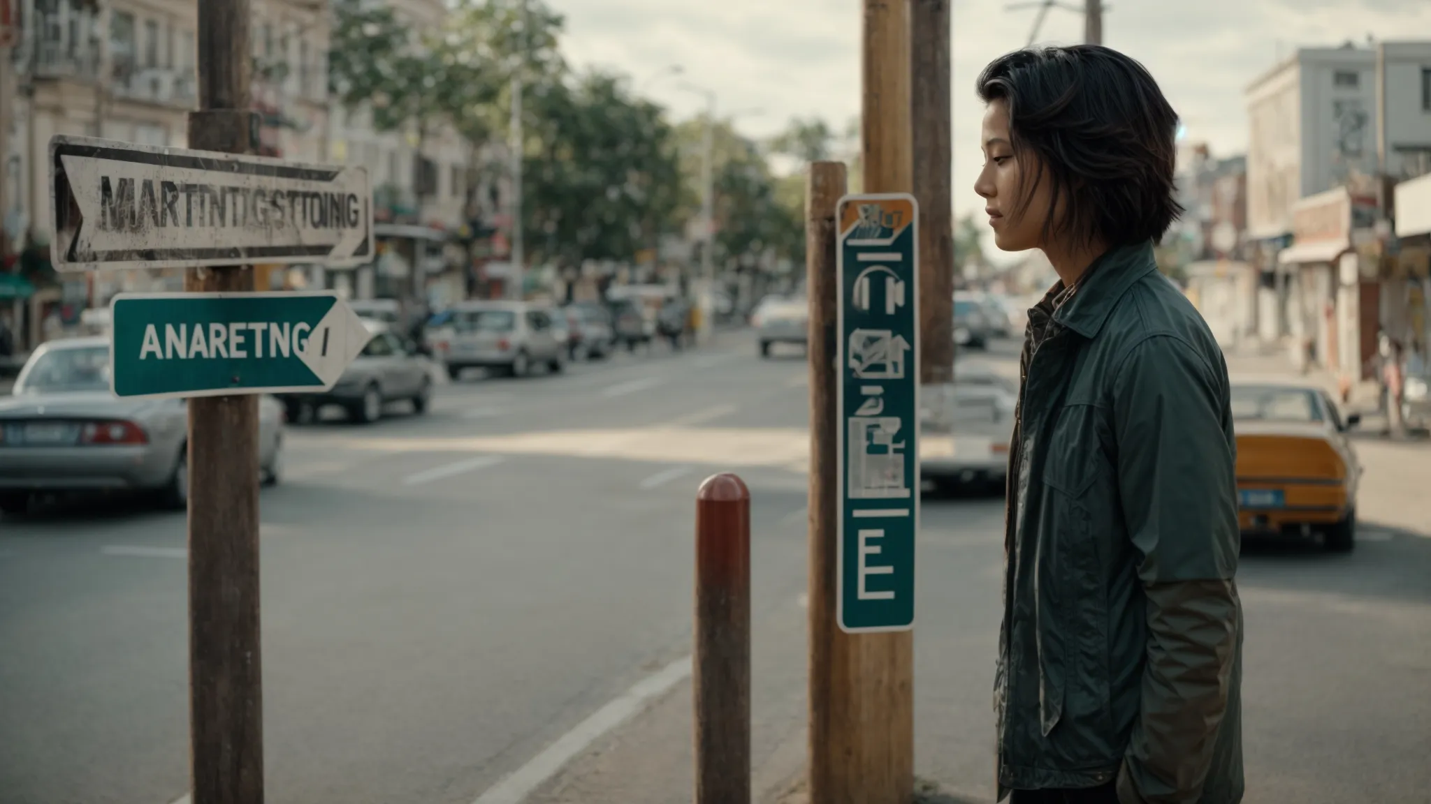 a person standing at a crossroad with signposts reading "marketing" and "advertising" in opposite directions.