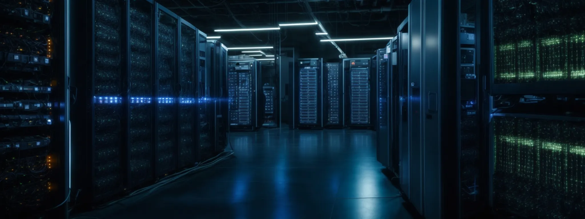 a cluster of servers in a data center with glowing lights represents the power of cloud computing.