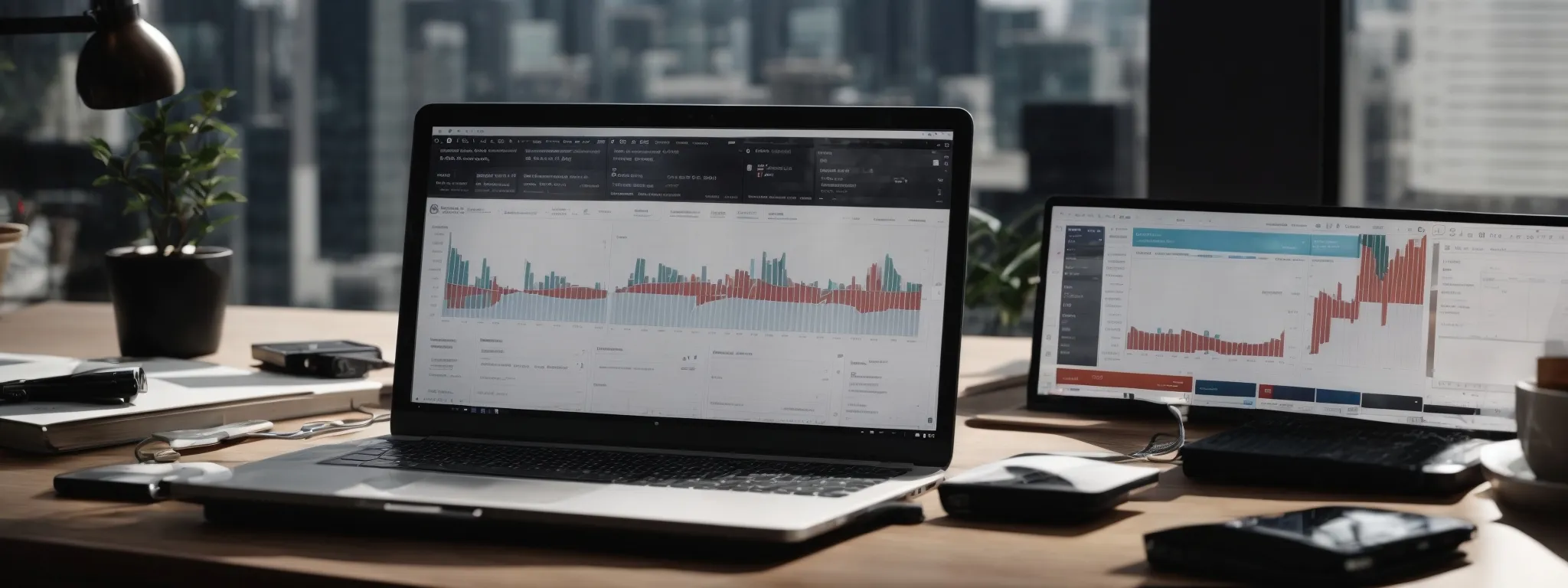 a laptop with open charts on the screen sits atop a workspace, symbolizing seo strategy planning in the digital age.