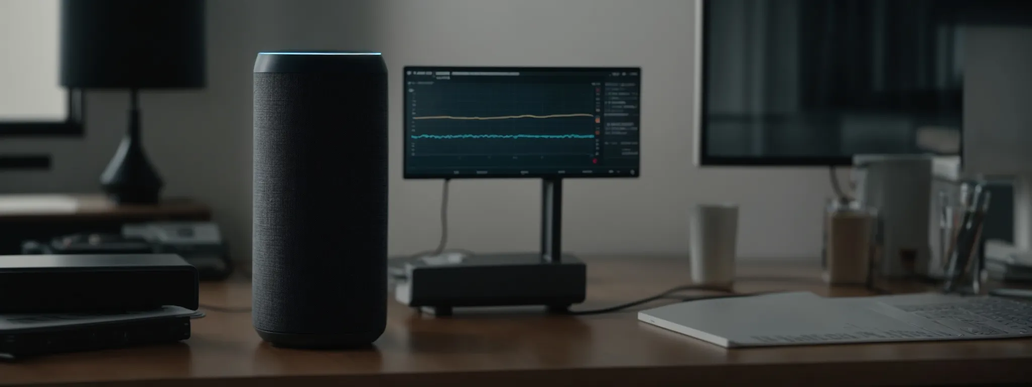 a person speaking into a smart speaker on a desk, with a screen in the background displaying a graph and analytics data.
