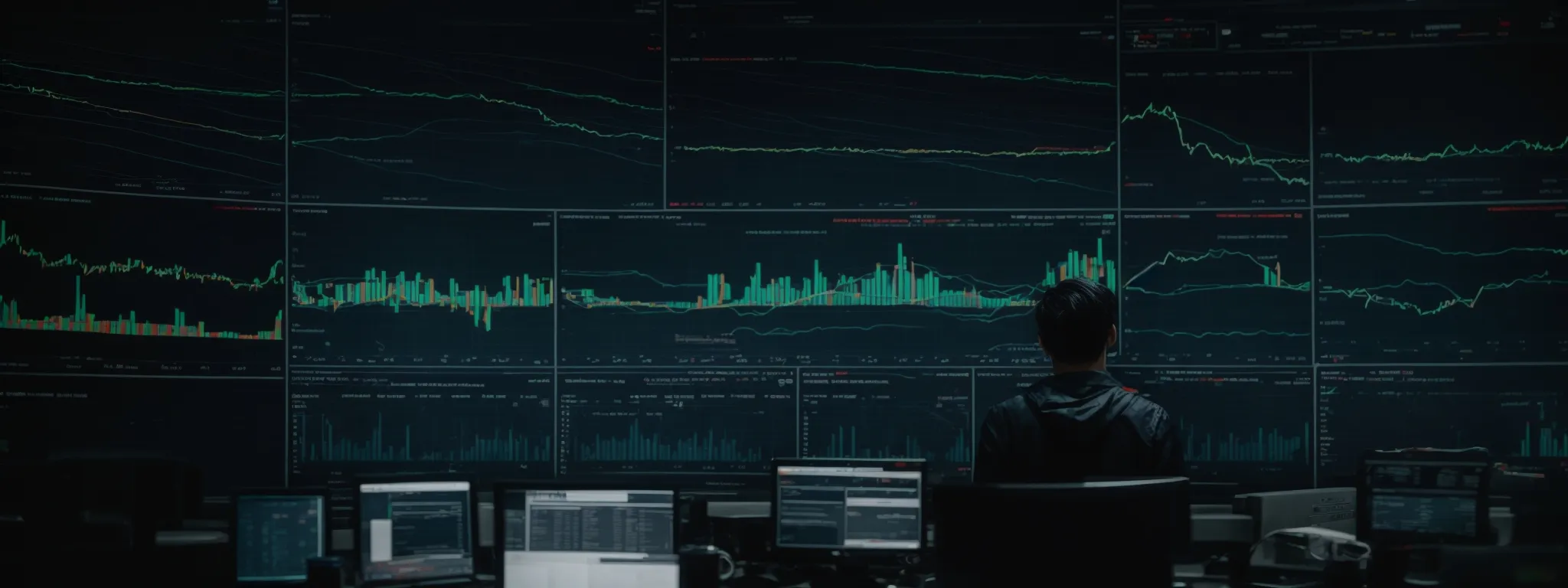 a person surveys a large analytics dashboard on a monitor, reflecting the performance of various websites in real time.