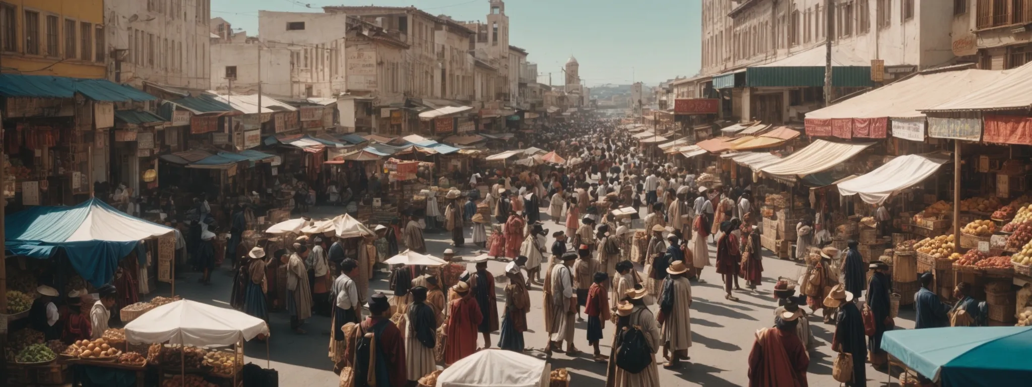 a bustling local market street filled with unique regional goods under a clear blue sky.