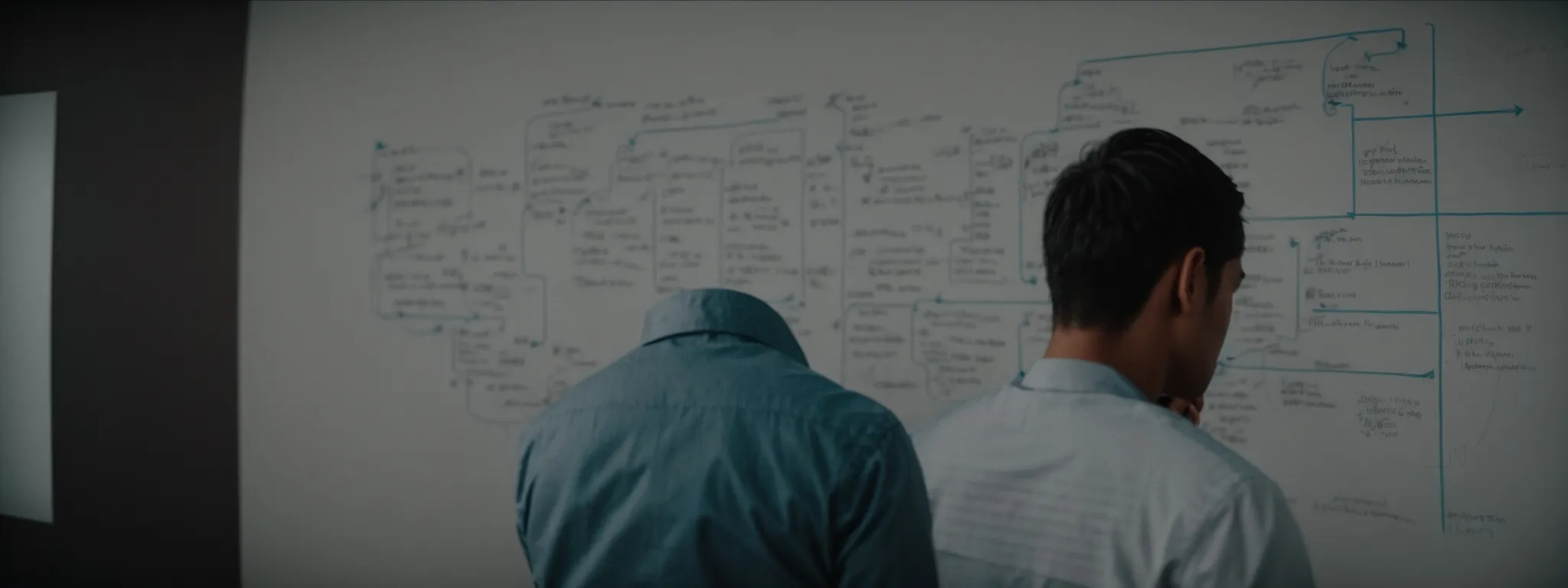 a person contemplating a complex flowchart representing search engine algorithms on a whiteboard.