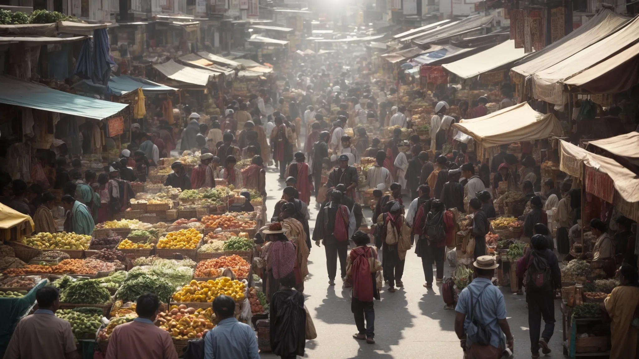 a bustling local market street crowded with diverse vendors and customers, symbolizing community engagement.