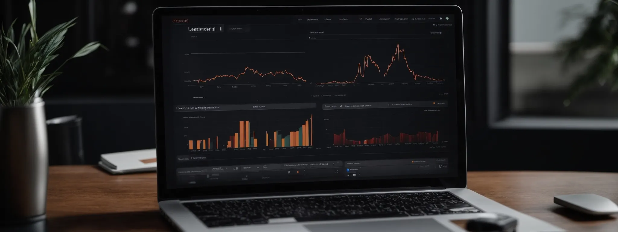 a laptop with a digital marketing analytics dashboard displaying graphs and search trends on the screen.