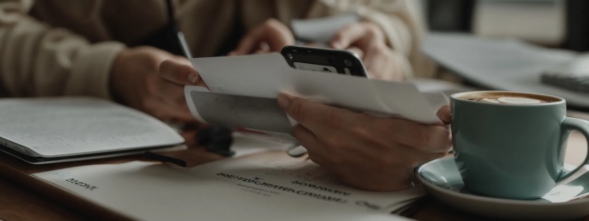  a person using a smartphone to navigate a website while sitting at a desk with a notepad and a coffee cup nearby.