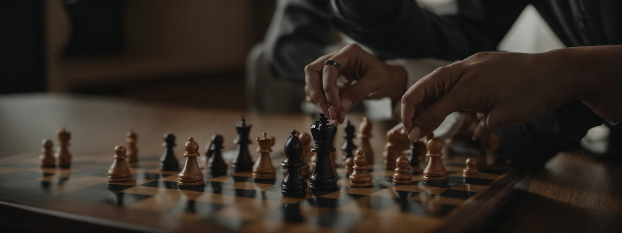 a marketer strategically places a chess piece on a board, symbolizing the calculated moves in content marketing for seo success.