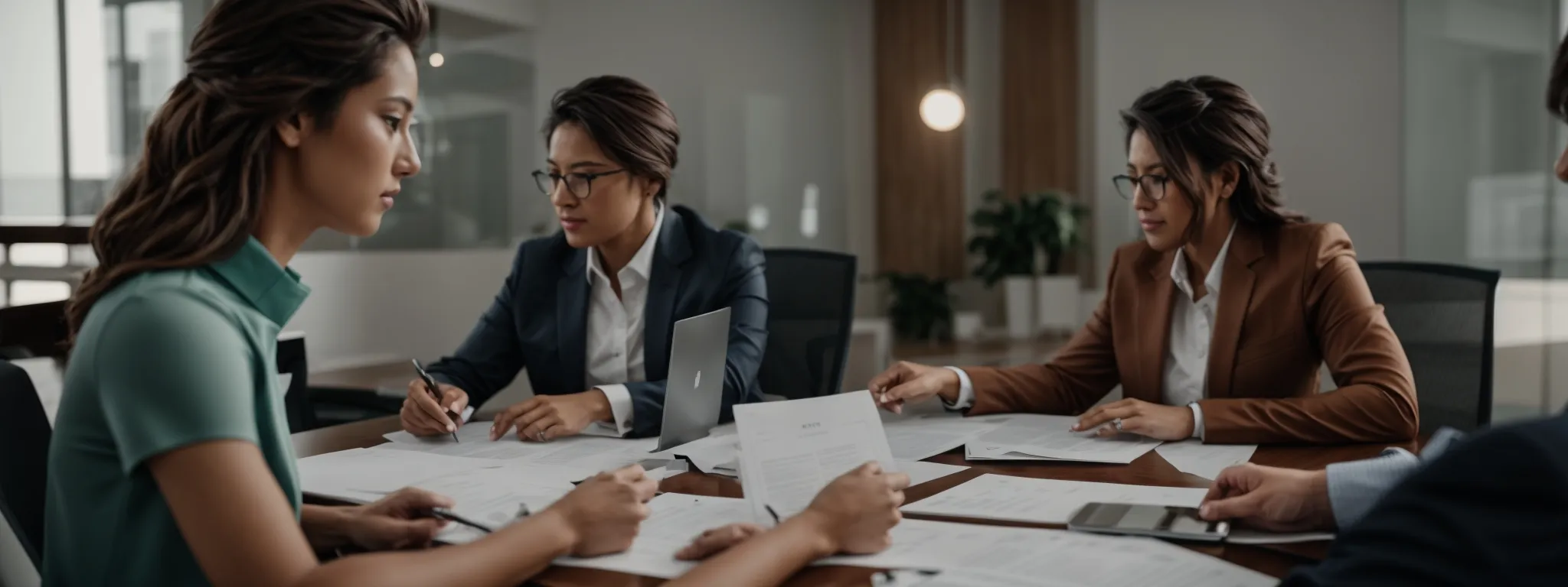 a business meeting with professionals discussing graphs and strategy reports on a conference table.