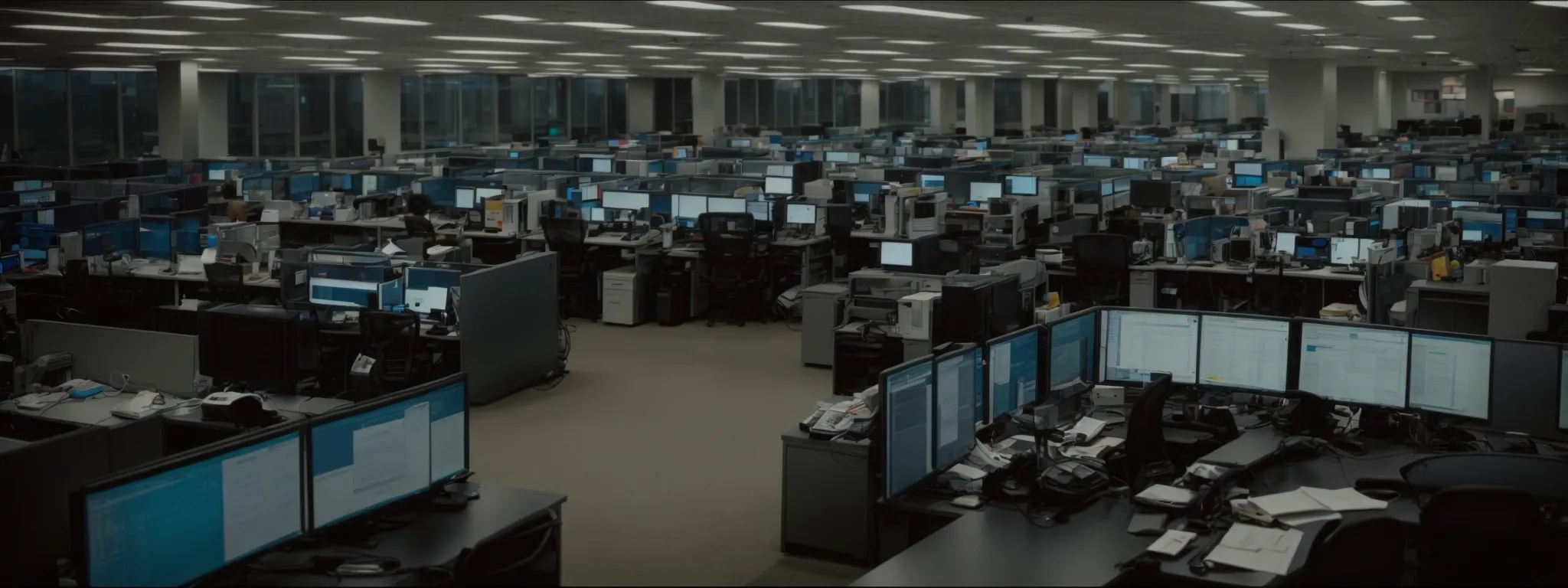 a bustling office with multiple workstations, where employees manage schedules on large computer screens.