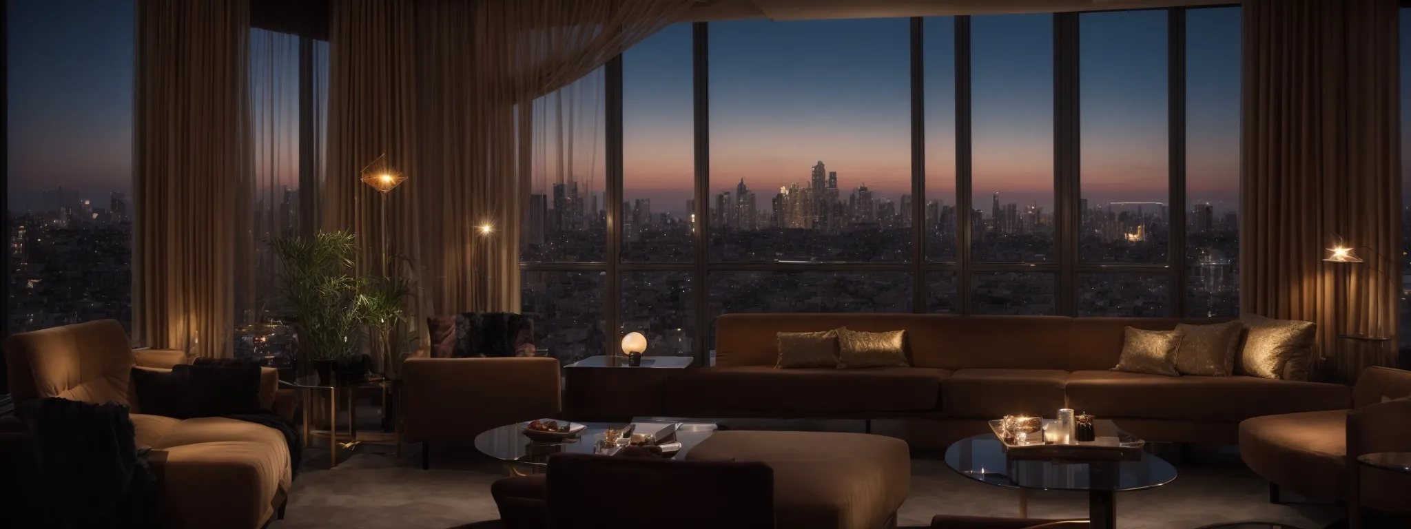a luxurious hotel room with a view overlooking a bustling cityscape at dusk.