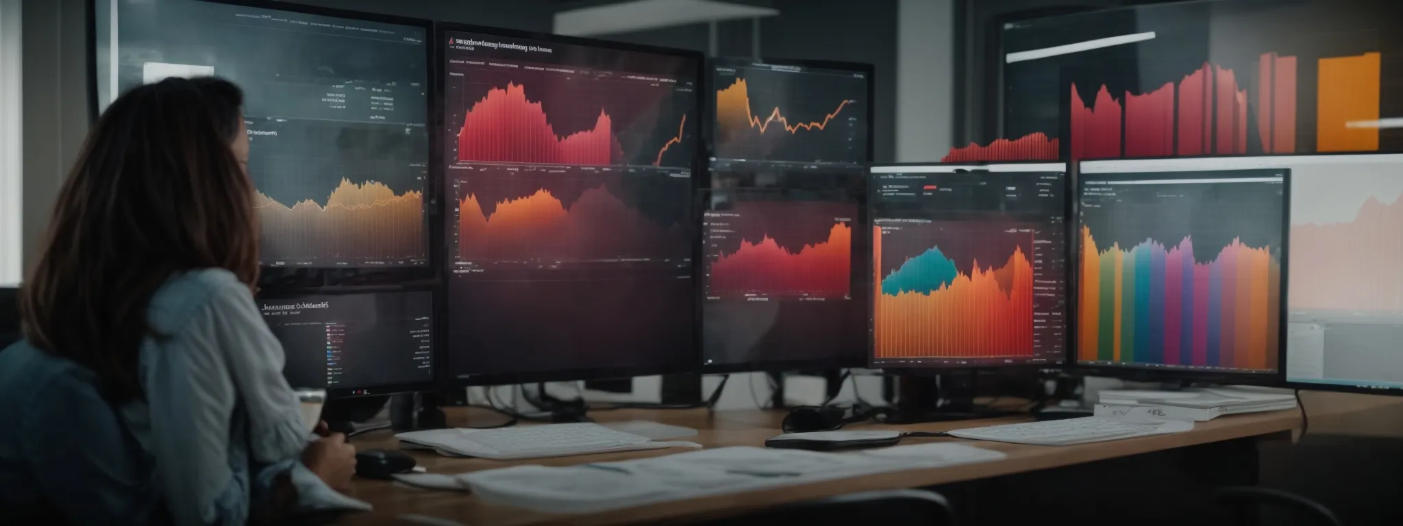 a marketing team analyzes colorful graphs on a digital dashboard indicating rising and falling keyword trends with the changing seasons.