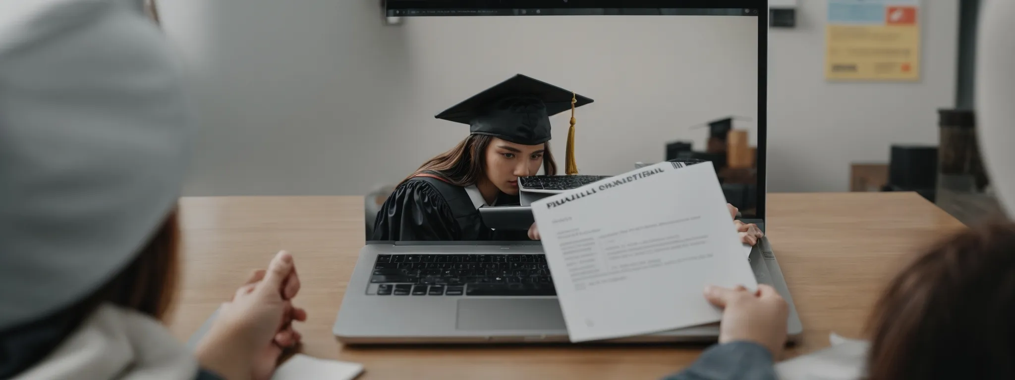 a person in a graduation cap and gown proudly holding a diploma, with a laptop displaying a search engine on screen in the background.