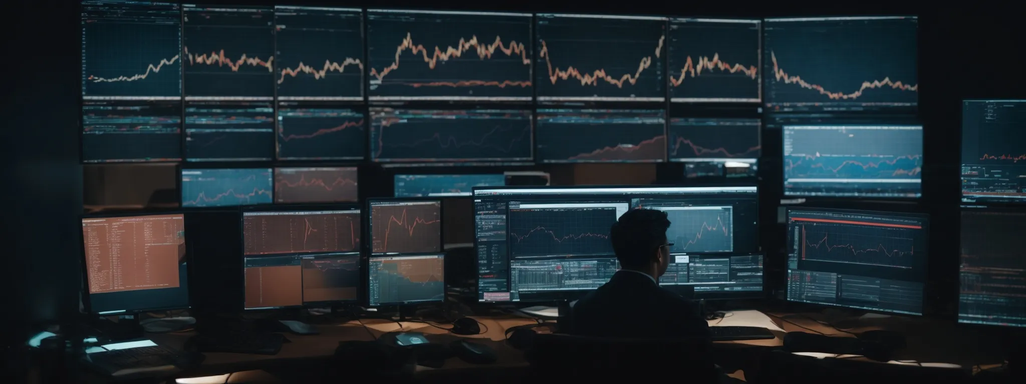 a person sits before multiple computer screens, analyzing complex data charts that reflect search engine trends.