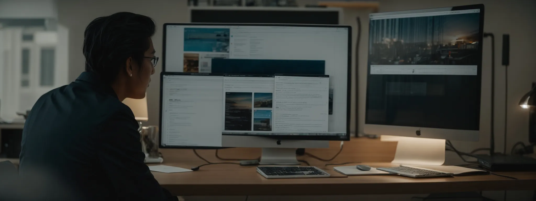 a budding entrepreneur intently studies an informative seo guide on a computer screen in a well-lit, minimalist office.