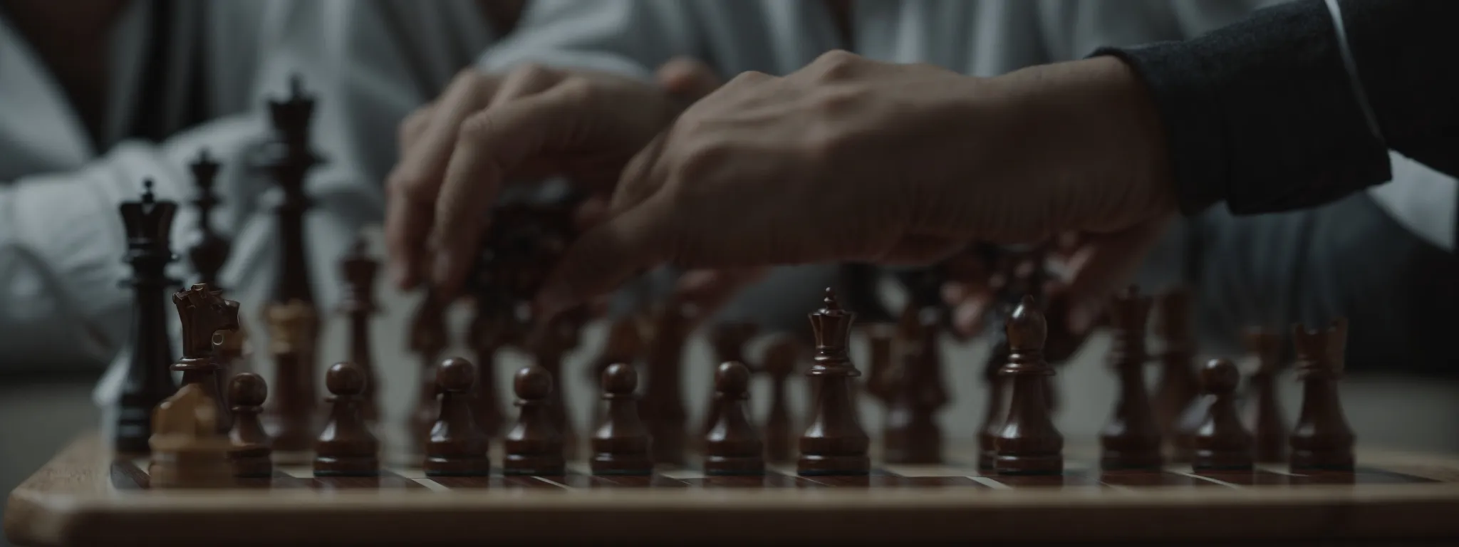 a strategist places chess pieces on a board, symbolizing the planning of a content strategy for a small website's growth.