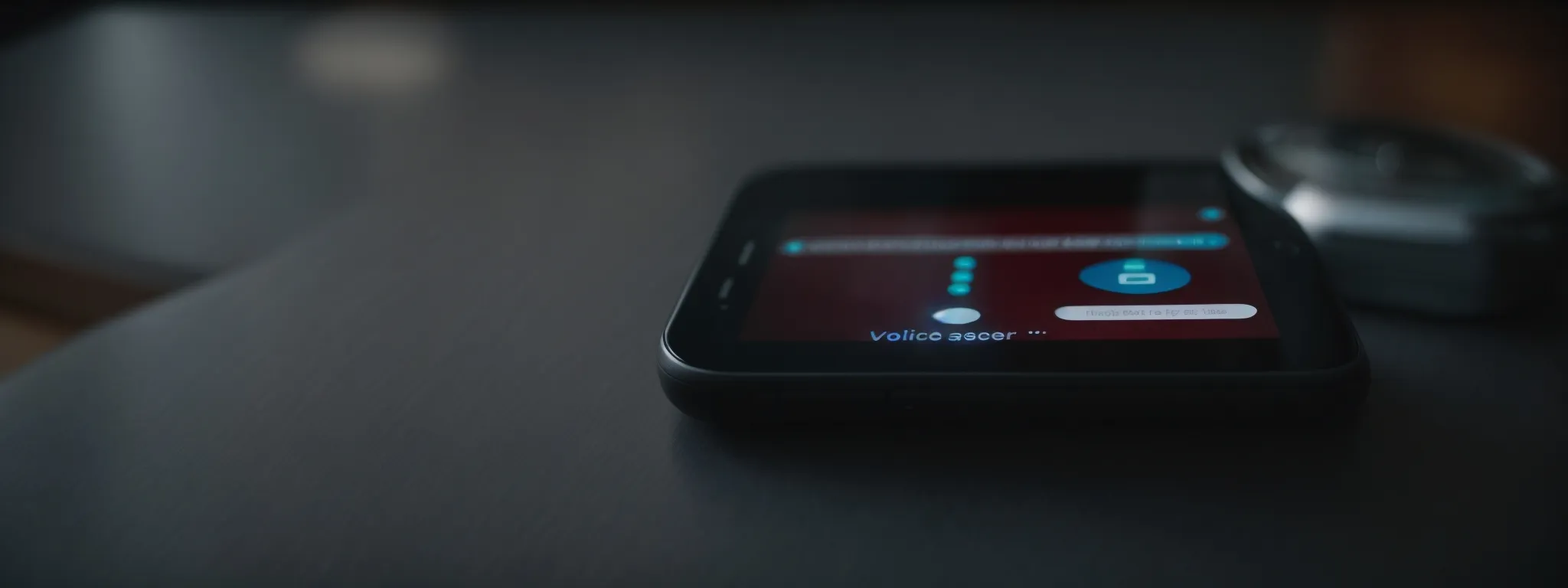 a smartphone rests on a table with a glowing digital assistant symbol indicating activation for a voice search.