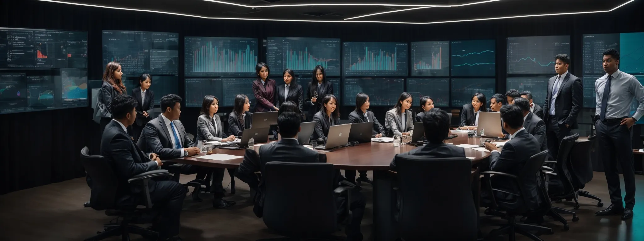 a diverse group of business professionals congregating around a conference table equipped with screens displaying analytics and graphs.