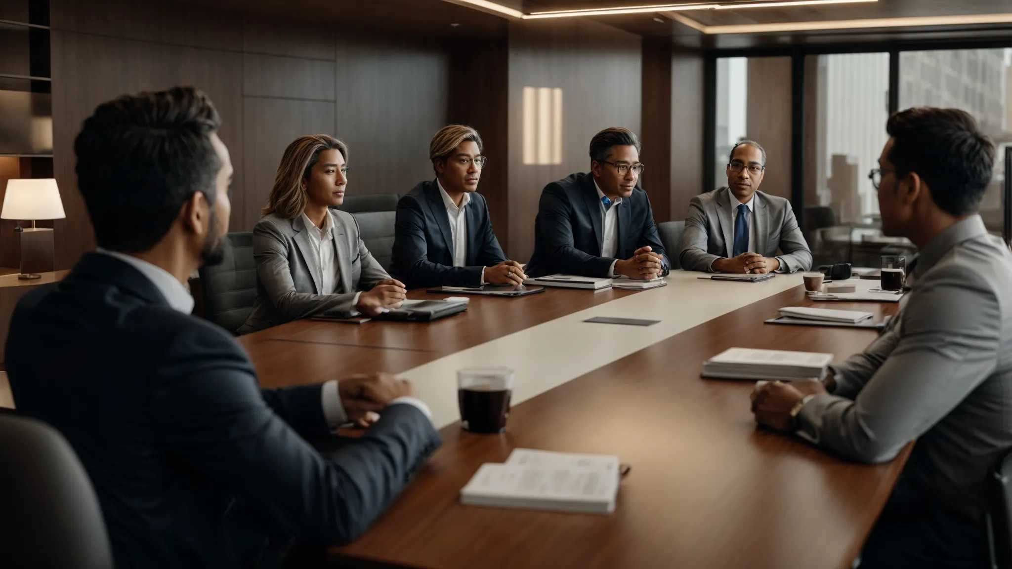 a group of professionals gathered around a conference table, discussing strategies with a digital marketing focus.