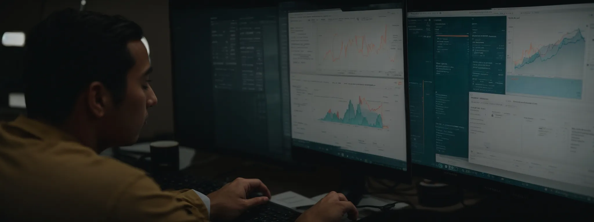 a diligent marketer reviews analytics on a computer screen, mapping out an updated seo strategy.