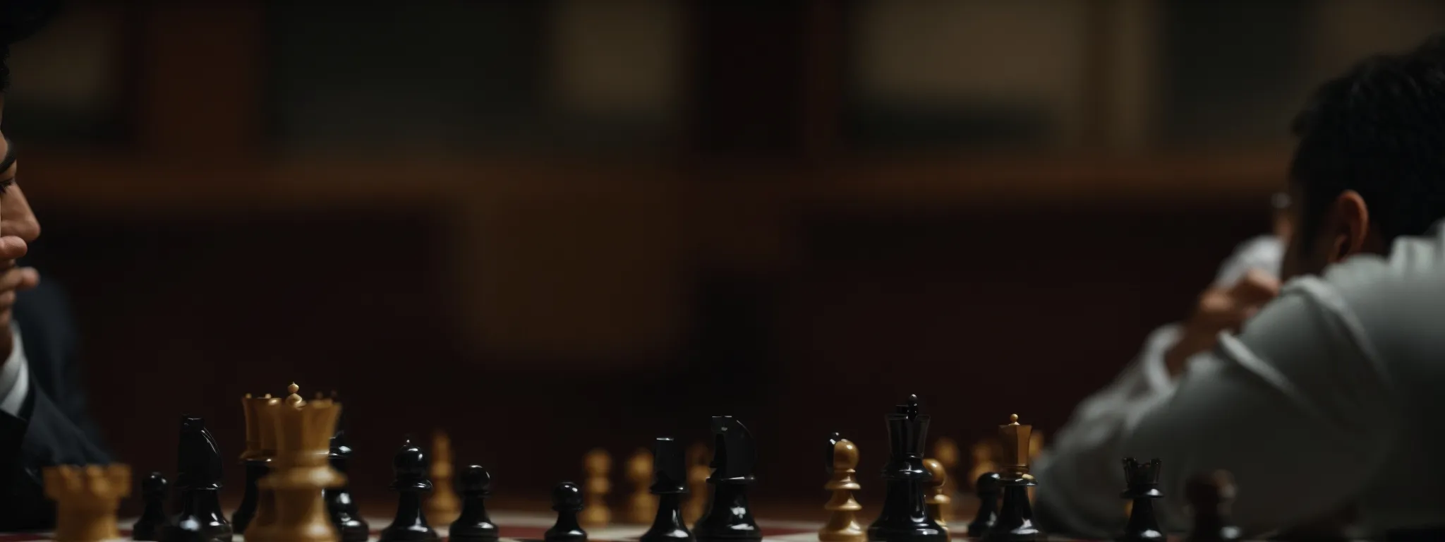 a chess player contemplating a strategic move on a board, symbolizing calculated keyword targeting in seo.