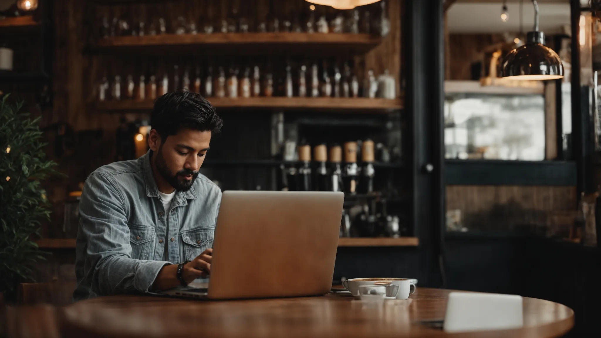 a local cafe owner is intently crafting a blog post on a laptop in a cozy coffee shop setting.