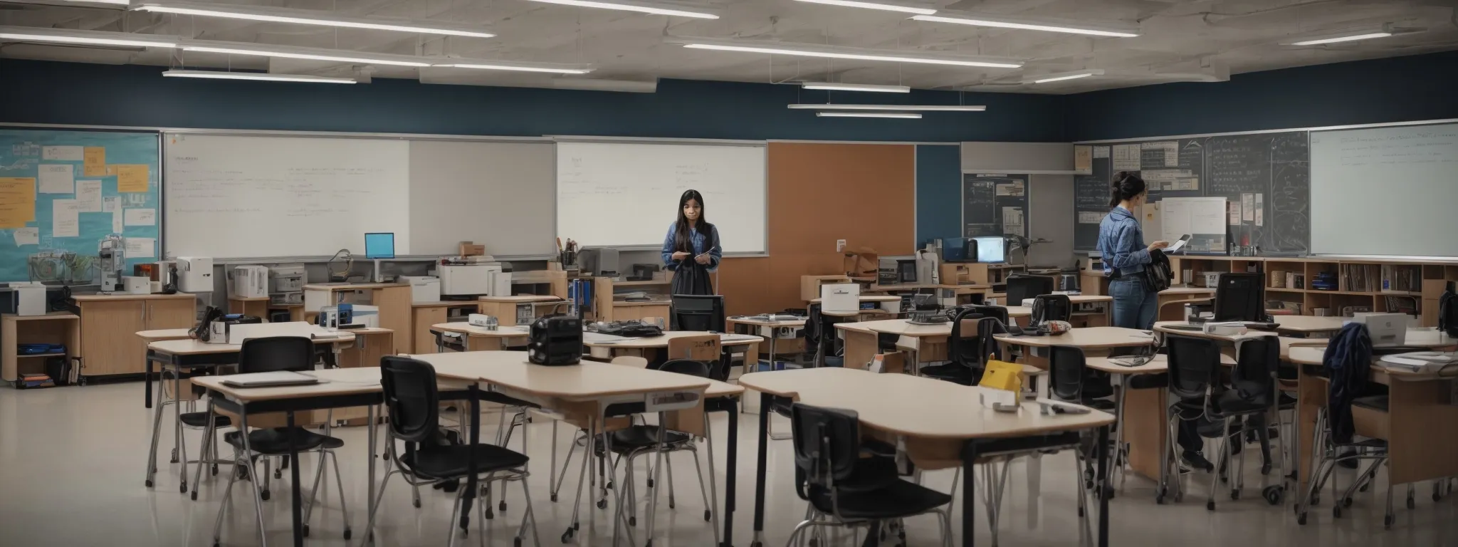 a classroom filled with diverse technology from smart whiteboards to tablets, indicating a blend of budget and digital learning tools.