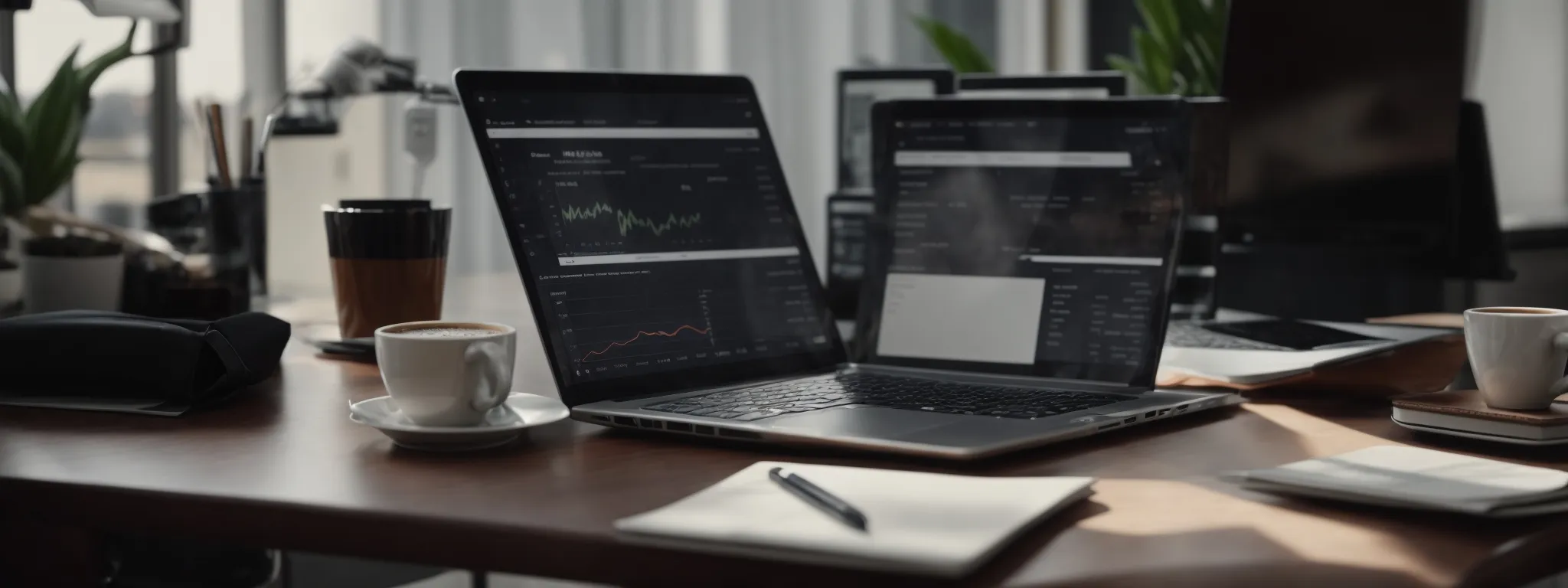 a laptop with analytics on the screen, alongside a notepad and coffee, on a clean desk.