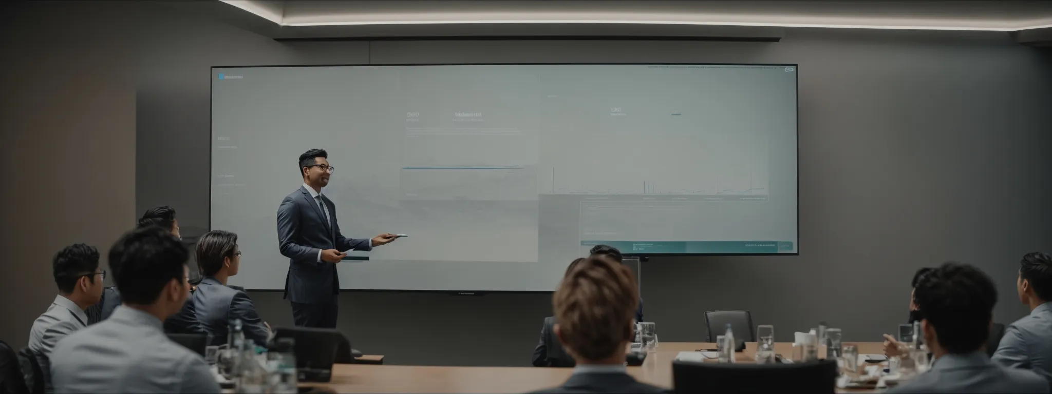 a man presenting a digital marketing strategy on a large monitor to a conference room.