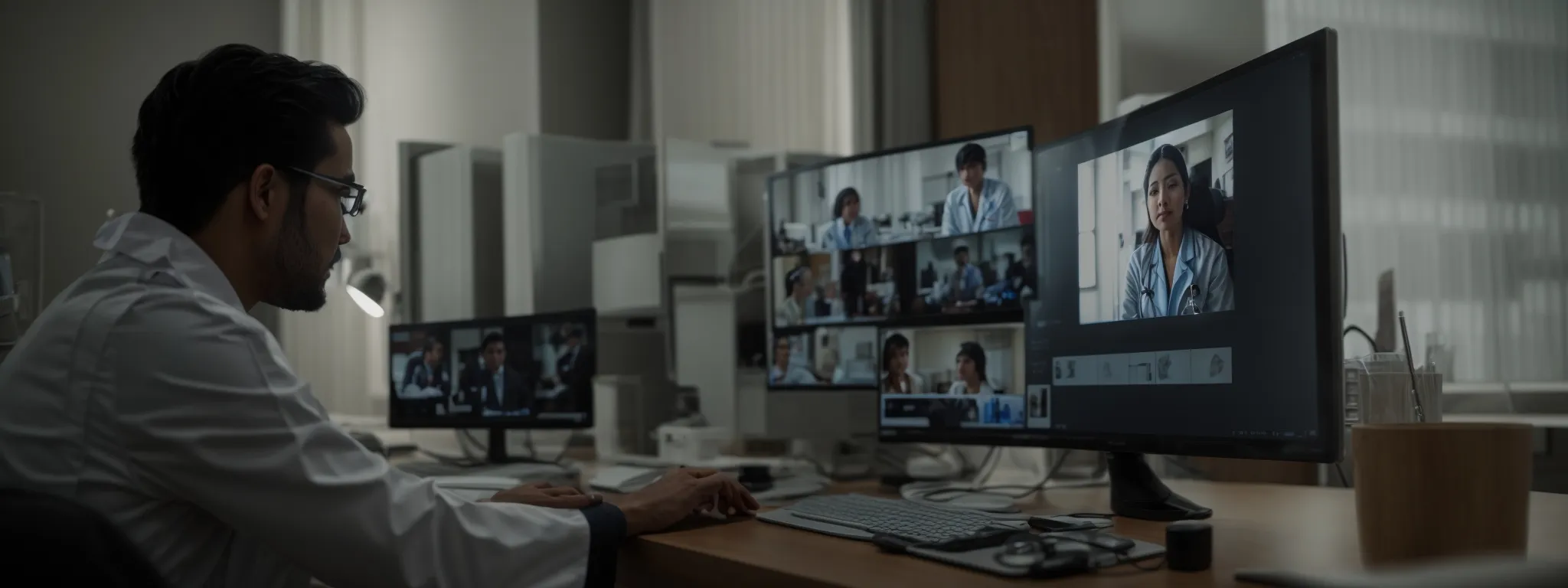 a doctor on a video call with a patient on a computer screen while both are in different locations.