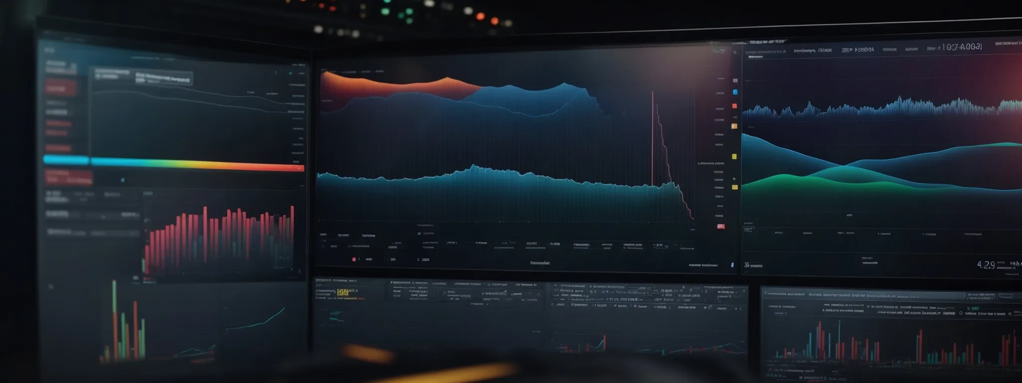 a computer screen displaying a colorful analytics dashboard with graphs and charts tracking website traffic and search rankings.