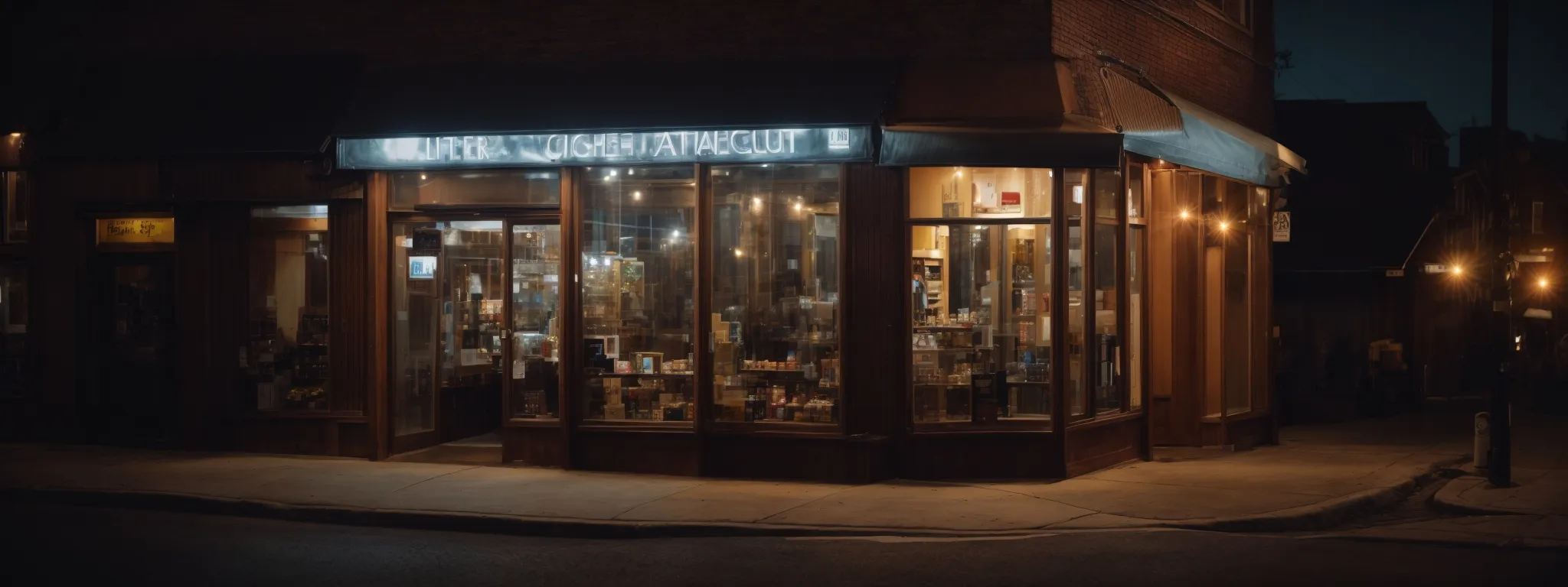 a spotlight illuminates a storefront at dusk, symbolizing the enhanced visibility provided by local seo strategies.