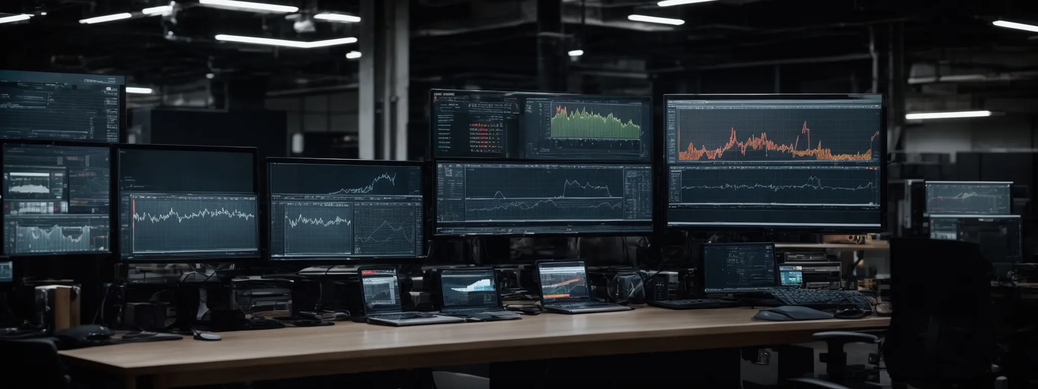 a modern industrial workspace with computer monitors displaying complex graphs and analytics dashboards.